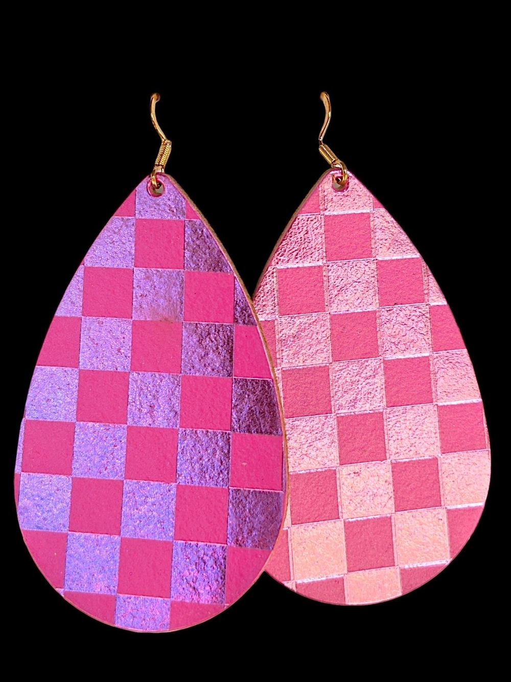 Hot Pink Checkered Teardrop Earrings with Metallic Accents - Women's Jewelry NWO